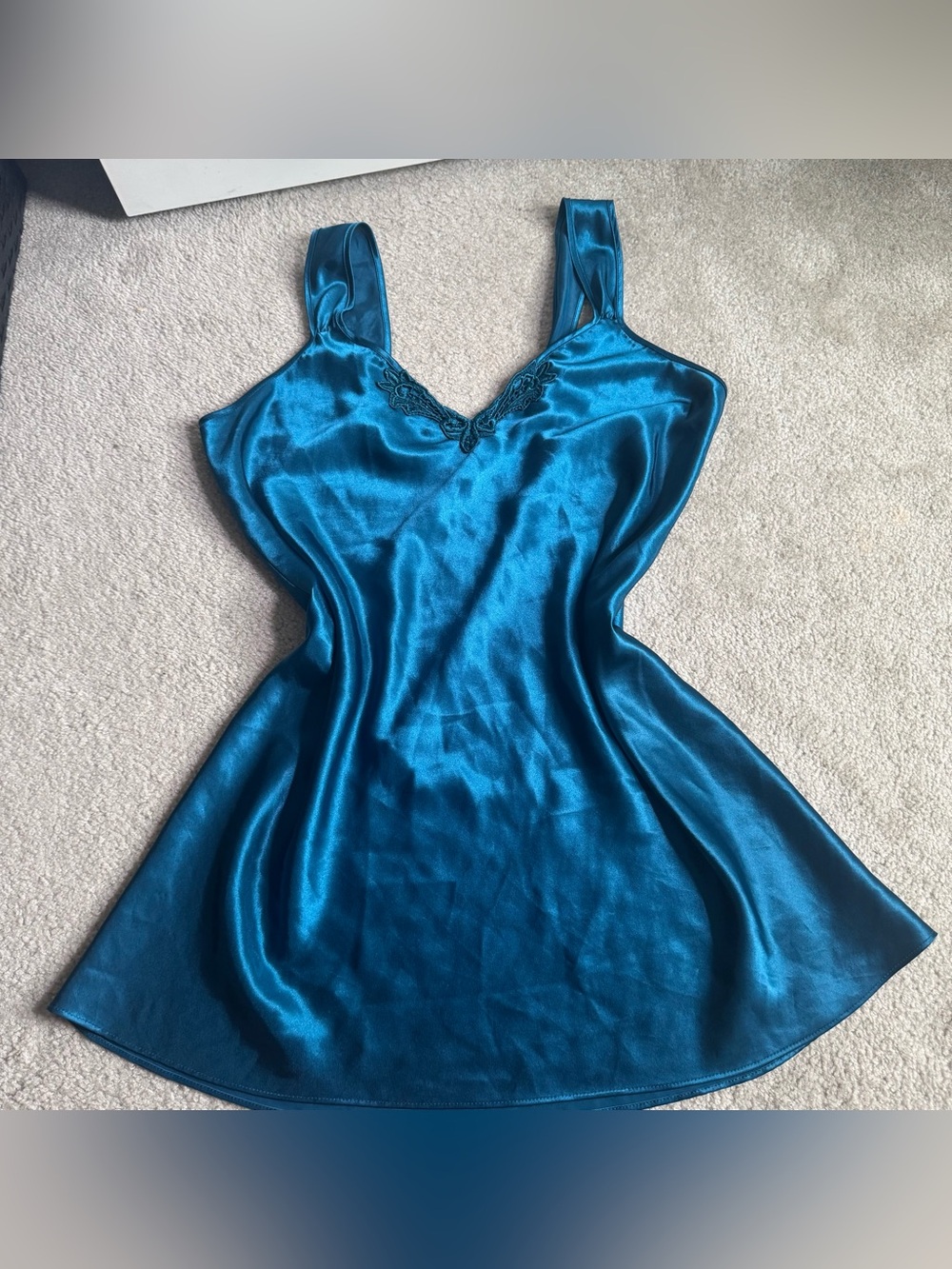 Vintage Adonna Babydoll Nightie Turquoise Satin Nylon Short Nightgown Dress